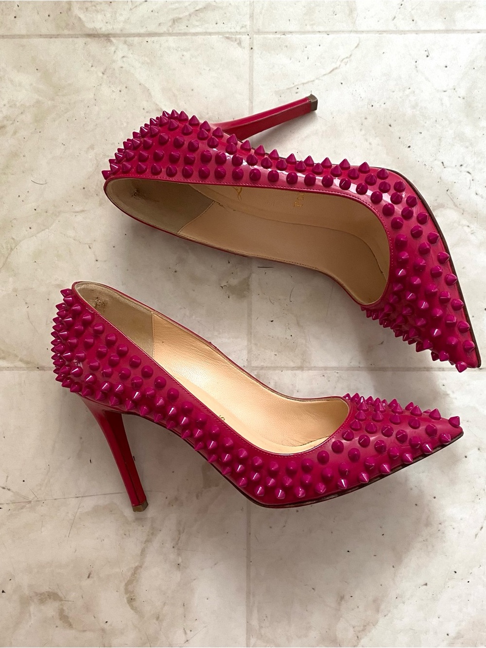 Christian Louboutin Pigalle Spikes 100 Pointed Toe Pink Leather Pumps Heels 6.5
